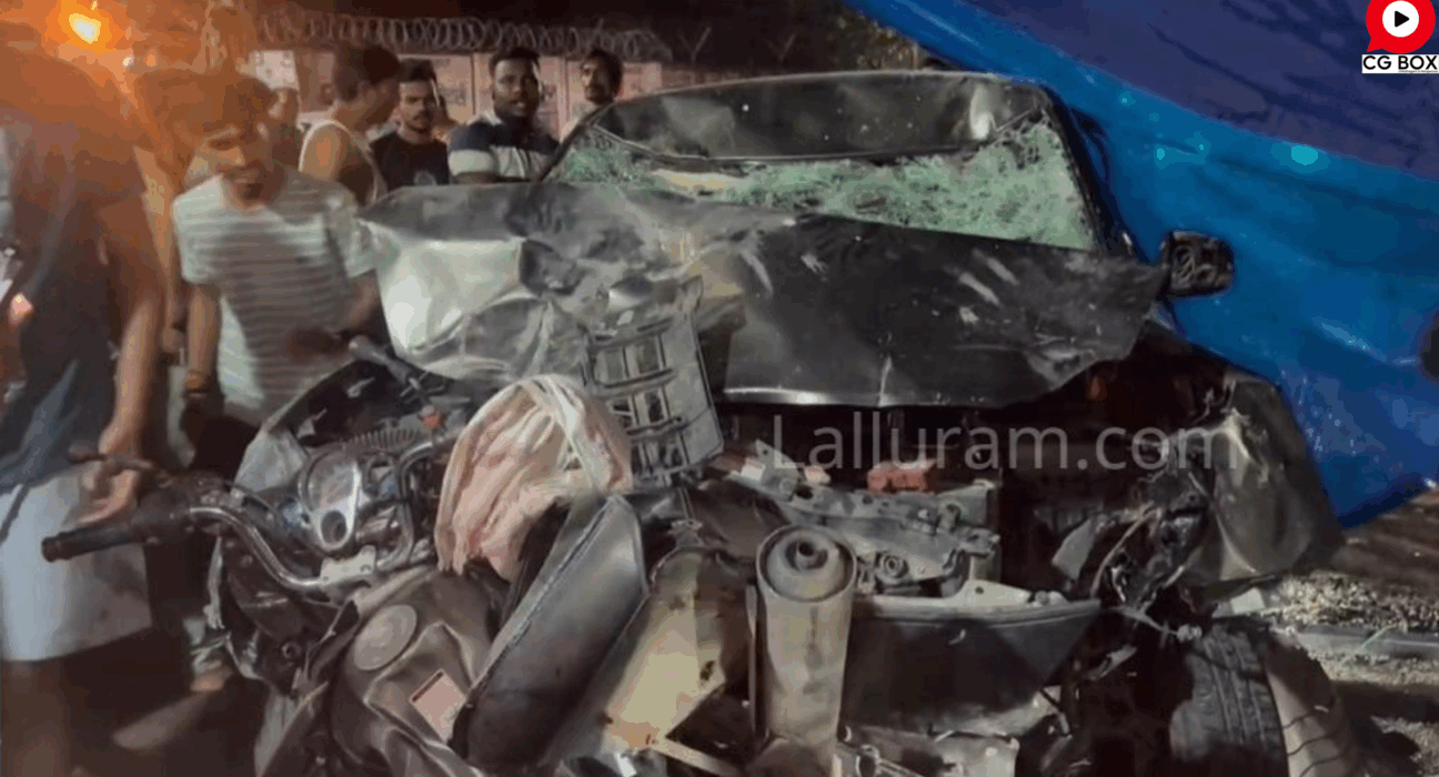 "A mangled car after a high-speed crash in Korba, Chhattisgarh, where two people died and three were seriously injured. Police and locals gather at the accident scene."