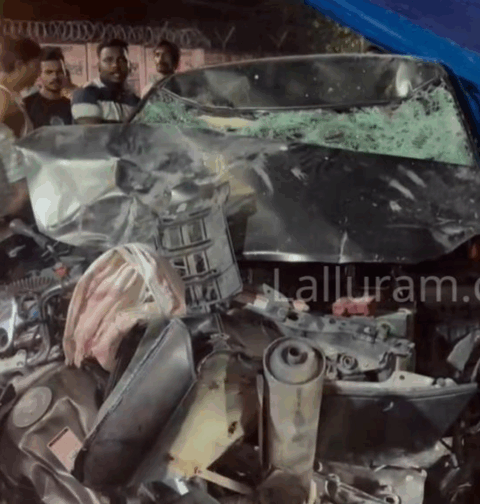 "A mangled car after a high-speed crash in Korba, Chhattisgarh, where two people died and three were seriously injured. Police and locals gather at the accident scene."