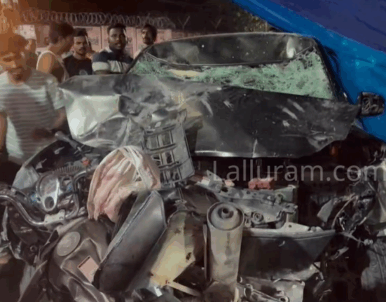 "A mangled car after a high-speed crash in Korba, Chhattisgarh, where two people died and three were seriously injured. Police and locals gather at the accident scene."